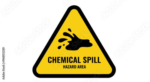 Yellow triangular warning sign with a black spilled liquid symbol, indicating a chemical spill hazard area, isolated white background.