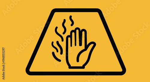 Hot Surface Warning Sign, a yellow triangular safety symbol with a hand emitting heat waves, on an isolated white background.