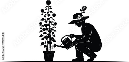 Silhouette of person wearing wide-brimmed hat watering potted plant with blooming flowers, gardening artwork symbolizing care, nurture, growth, nature, and home garden activity