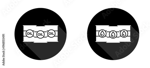 Oil barrel icons representing oil barrels, one set showing 'OIL' text, the other showing fuel drops, symbolizing crude oil and refined products. Isolated on a black circle with shadow.