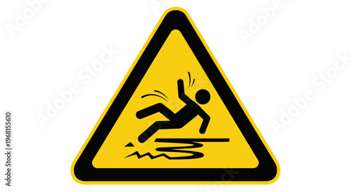 Slippery Surface Hazard Warning Sign with Falling Person Icon on Yellow Triangle Isolated White Background