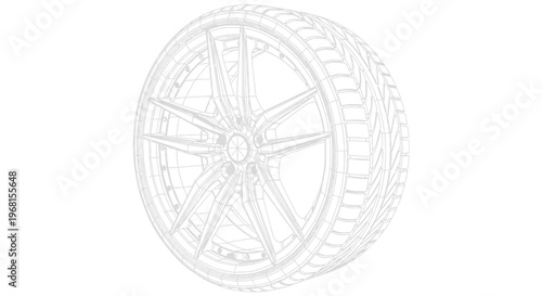 Detailed Wireframe Illustration of a Modern Car Wheel and Tire.