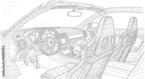 Detailed Wireframe Rendering of a Modern Car Interior Design.