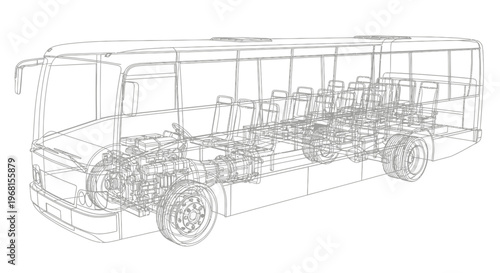 Detailed wireframe rendering of a modern passenger bus, showcasing its internal structure and components.