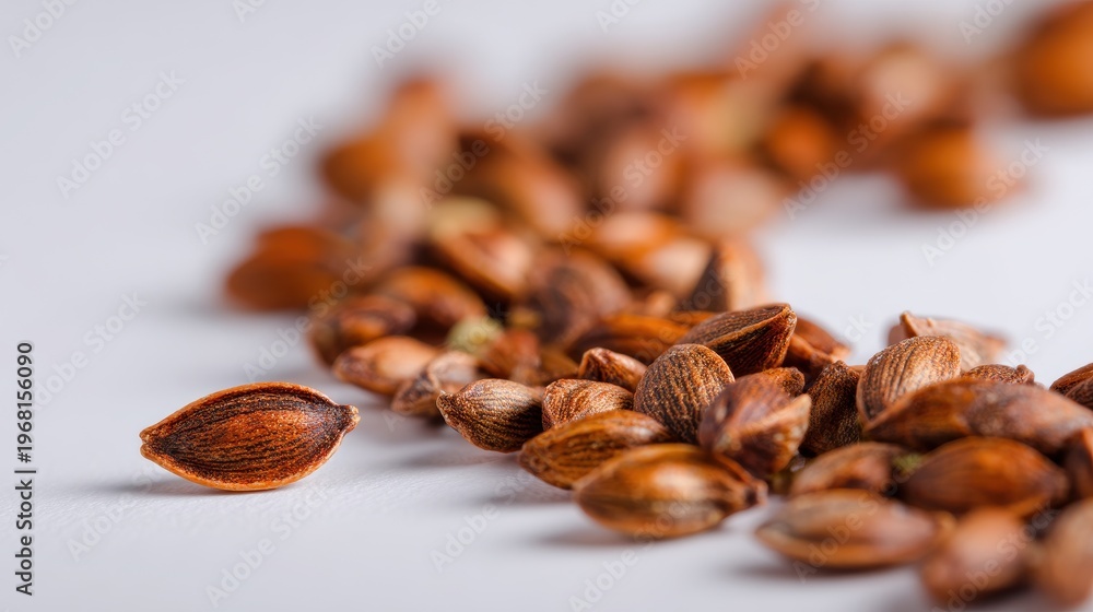 Obraz premium Macro view of orange-brown carrot seeds with textured coats on a white background