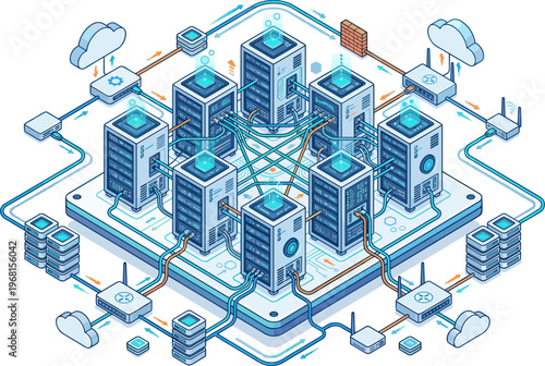 Isometric digital data center network with glowing servers connected by lines, cloud storage integration, and network nodes