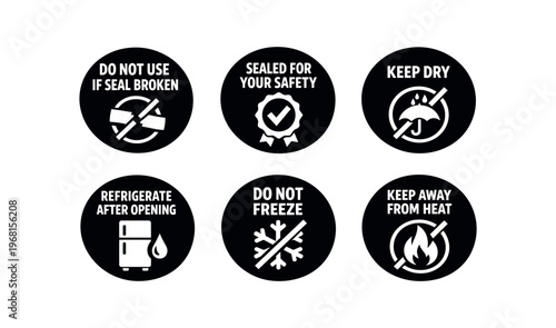 Packaging handling icons set. do not use if seal broken, sealed for your safety, keep dry, refrigerate after opening, do not freeze, keep away from heat. line and flat vector illustration.