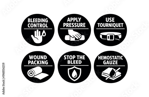 Bleeding control first aid icon set. bleeding control, apply pressure, use tourniquet, wound packing, stop the bleed, hemostatic gauze. emergency medical instructions, trauma care, injury treatment