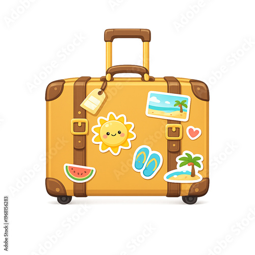 summer travel suitcase, suitcase with stickers, vacation luggage illustration, travel bag with stickers, summer trip essentials, colorful luggage design, travel stickered suitcase, holiday travel illu