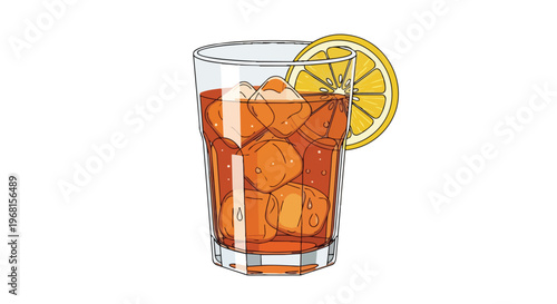 Vibrant illustration of a refreshing cool drink, served in a sleek glass with ample ice, perfectly accented by a radiant lemon slice, embodying