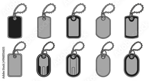 Collection of dog tags in various styles.