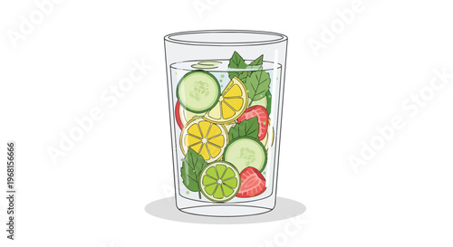 Refreshing fruit infused water illustration with vibrant cucumber lemon lime strawberry and mint for a healthy natural detox drink promoting