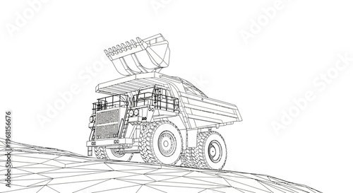 Large Mining Dump Truck with Raised Bed in Wireframe Style.