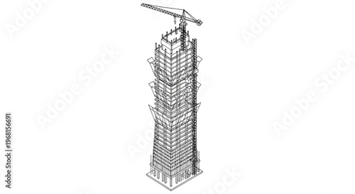 Modern skyscraper under construction with crane architectural line drawing.