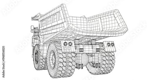 Wireframe blueprint of a large industrial dump truck.