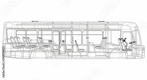 Wireframe blueprint of a modern city bus interior and exterior design.