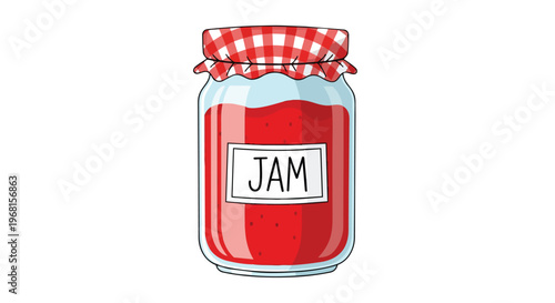 Hand-drawn illustration of a vibrant red fruit spread jar with a charming gingham lid detail, perfect for breakfast themes