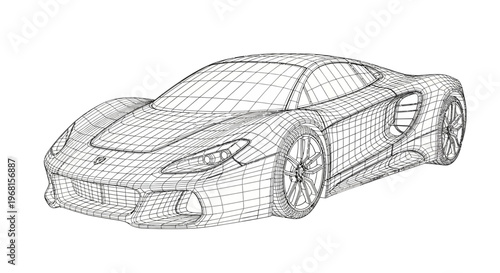 Wireframe drawing of a modern sports car design.