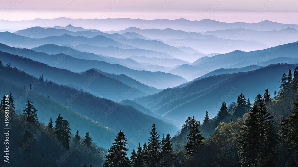 Obraz premium Misty Smoky Mountain ridges at dawn among evergreen pines