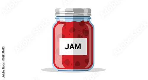 Vibrant cartoon illustration of a clear glass jar filled with luscious, ruby-red fruit preserves, featuring a distinct label. A delightful homemade