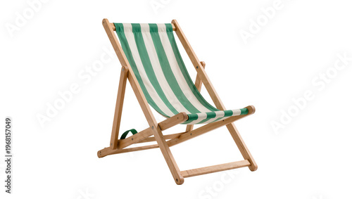 Bilde på lerret Wooden striped deck chair with green and white fabric, isolated on transparent b