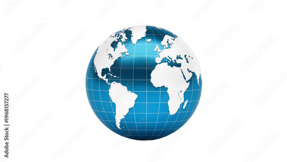 Obraz premium Blue grid globe with white continents, isolated on transparent background