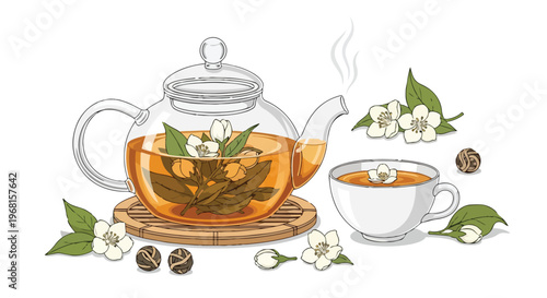 A calming illustration showcasing jasmine tea brewing in a glass teapot with a fresh steaming cup and delicate flowers