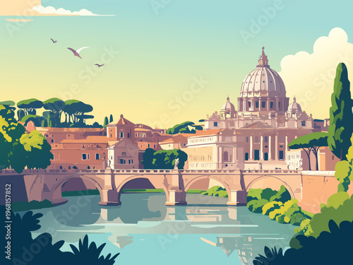 A stylized travel poster illustration of St. Peter's Basilica and the Ponte Sant'Angelo bridge overlooking the Tiber River in Rome, Italy, during a sunny day.