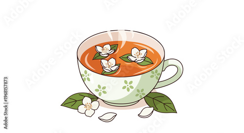 A charming illustration of a fragrant, steaming cup of herbal tea, adorned with white jasmine blossoms and fresh green leaves, evoking natural