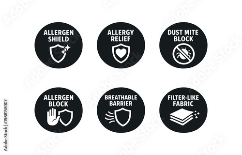 Allergy protection icon set. allergen shield, allergy relief, dust mite block, allergen block, breathable barrier, filter-like fabric, shield symbols. line, flat and colored vector icon set.