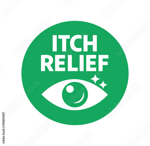 Itch relief badge with eye symbol. eye comfort, soothing, anti-itch, redness relief, eye care, quick relief, cosmetic claim. flat vector illustration isolated on white background.