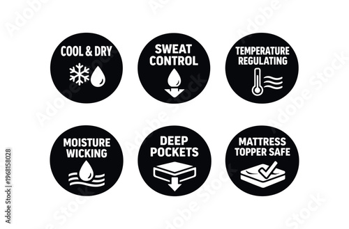 Sleep and bedding features icon set. cool and dry, sweat control, temperature regulating, moisture wicking, deep pockets, mattress topper safe. line, flat and colored vector icon set.
