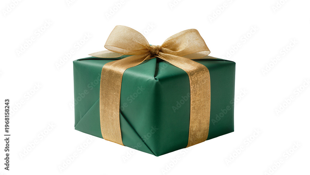 Fototapeta premium Elegant green gift box with golden ribbon and bow, isolated on transparent background