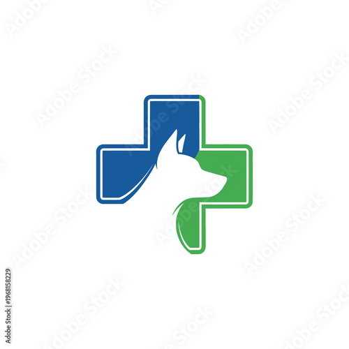 Veterinary Clinic Logo with Dog Head and Medical Cross Symbol.