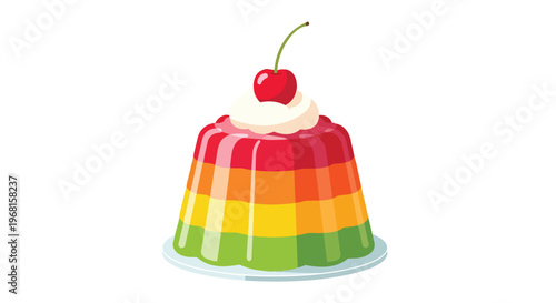 A vibrant layered gelatin dessert showcasing a delightful spectrum of colors topped with creamy white whipped topping and a ripe red cherry creating
