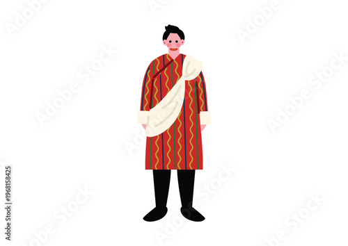 ブータンの伝統的な民族衣装を着た男性のイラスト