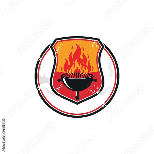 Vintage Barbecue Grill with Flames in Shield Circle Retro Style.