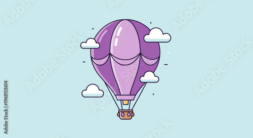 A purple hot air balloon with clouds floats in the sky. It has a basket below