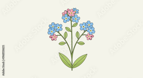 Illustration of a stylized flower arrangement in pink, blue, and green on a cream backdrop