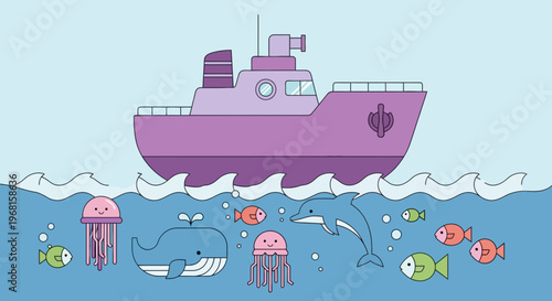 Whimsical illustration of an ocean scene with a boat, whale, dolphin, fish, and jellyfish