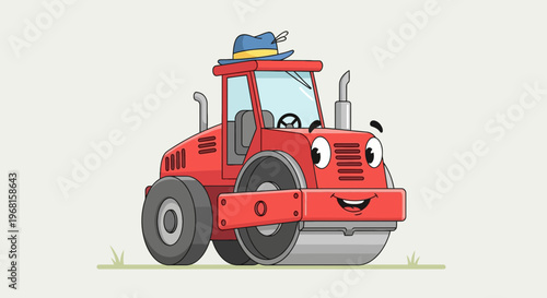 Animated red road roller with a hat and a smiling face, standing on grass