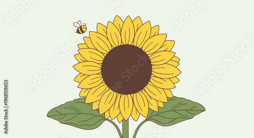A cartoon-style sunflower with a bee, green leaves, stem, and light green background