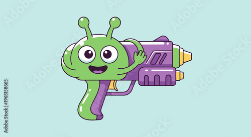 Cartoon alien with antenna and a big smile holding a purple and yellow space gun, waving