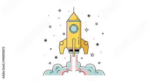 A colorful, cartoon rocket takes off with exhaust, surrounded by stars and dots