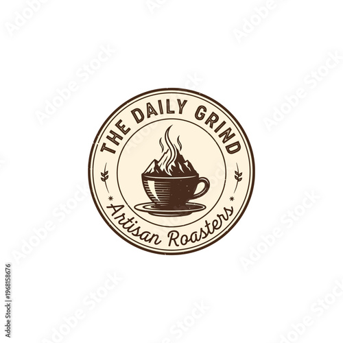 Vintage Coffee Shop Logo with Steaming Cup and Mountain Design.
