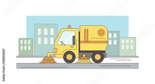 Vector illustration of a yellow street sweeper cleaning a road, buildings in background