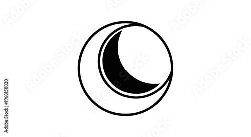 Simple black and white design features a crescent moon inside a circle