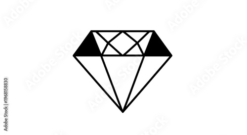 A geometric depiction of a diamond. Black and white, composed of straight lines and filled triangles
