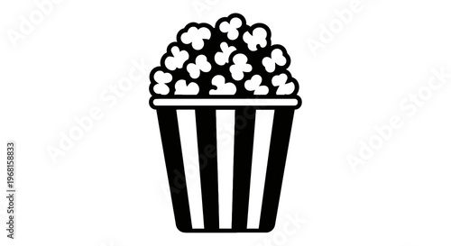 A black and white illustration of a popcorn bucket overflowing with popcorn kernels