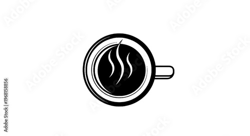 A black and white, top-down view of a steaming cup of liquid, with a small handle